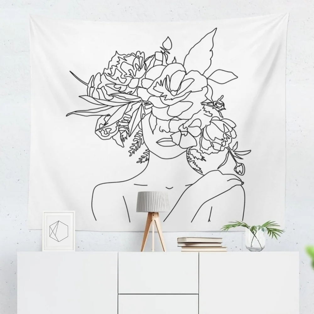 NWT Black & White Floral Woman Line Art Tapestry